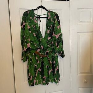 L'atiste By Amy Pleated Romper Shorts Tropical Palm Print Dolman Sleeves 3XL